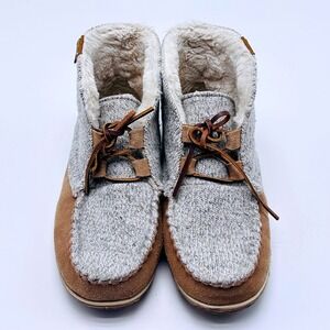 Minnetonka Womens Grey Knit Suede Faux Fur Lined Moccasin Ankle Boots Size 10M
